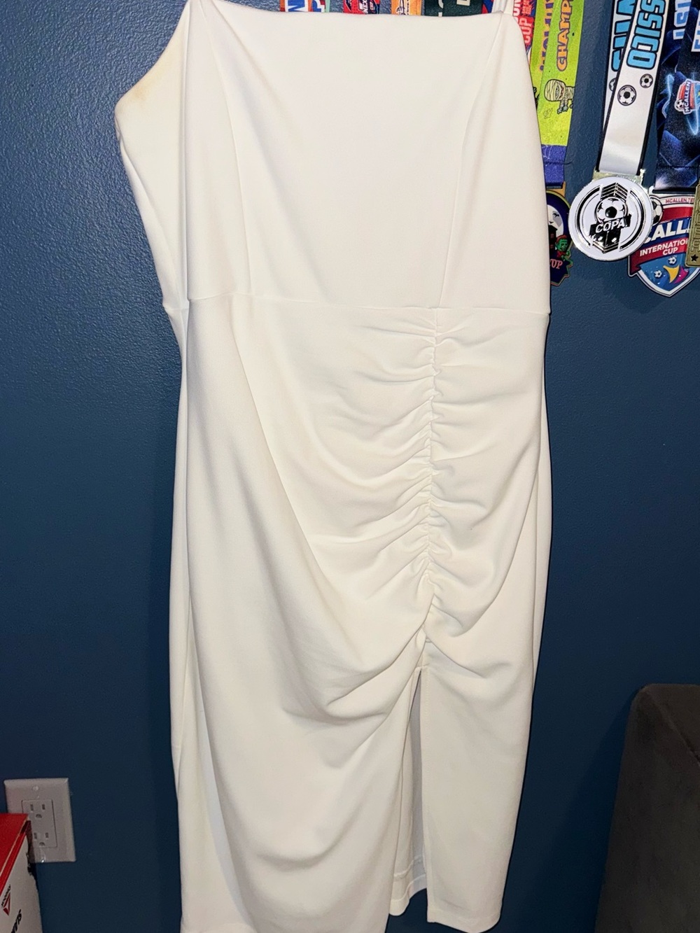 Emerald Sundae One-Shoulder Cream Ruched Midi Dress
